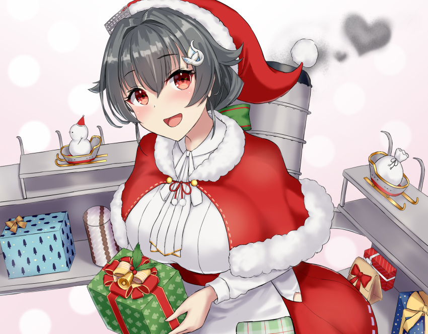1girl :d black_hair blush box breasts capelet eyebrows_visible_through_hair gift gift_box hair_between_eyes hair_ornament hat highres holding holding_gift jingei_(kantai_collection) kantai_collection large_breasts long_hair long_sleeves machinery monoku open_mouth pleated_skirt red_capelet red_eyes red_skirt santa_costume santa_hat skirt smile smokestack snowman solo