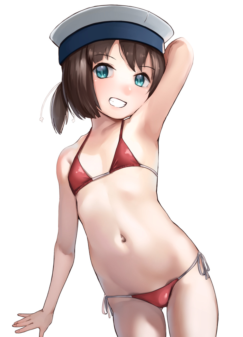 1girl alternate_costume aqua_eyes arm_behind_head arm_up armpits ass_visible_through_thighs bare_arms bare_legs bare_shoulders bikini blush brown_hair collarbone commentary_request cowboy_shot daitou_(kantai_collection) eyebrows_visible_through_hair flat_chest grin groin halterneck hat highres kabayaki_namazu kantai_collection looking_at_viewer micro_bikini navel petite red_bikini revision sailor_hat short_hair side-tie_bikini simple_background smile solo standing stomach string_bikini swimsuit white_background white_headwear