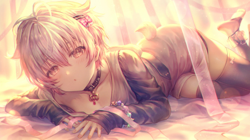 all_male choker male original shigaraki_(strobe_blue) short_hair tail thighhighs trap white_hair