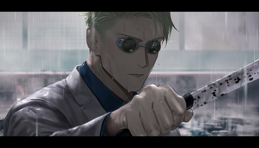 1boy black_border blonde_hair blue_shirt border closed_mouth collared_shirt dress_shirt formal grey_jacket grey_suit hand_up highres holding holding_sword holding_weapon jacket jujutsu_kaisen kuro_(grf) letterboxed long_sleeves looking_at_viewer male_focus nanami_kento open_mouth outdoors rain round_eyewear shirt short_hair solo sunglasses sword upper_body weapon wet wet_face wet_hair