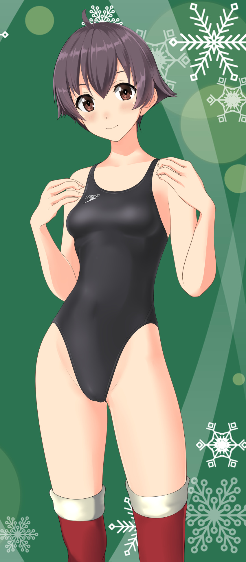 1girl absurdres ahoge black_hair black_swimsuit breasts brown_eyes competition_swimsuit cowboy_shot fur-trimmed_legwear fur_trim green_background highres kantai_collection logo looking_at_viewer one-piece_swimsuit red_legwear sakawa_(kantai_collection) short_hair small_breasts snowflake_background solo speedo_(company) standing swimsuit takafumi thighhighs