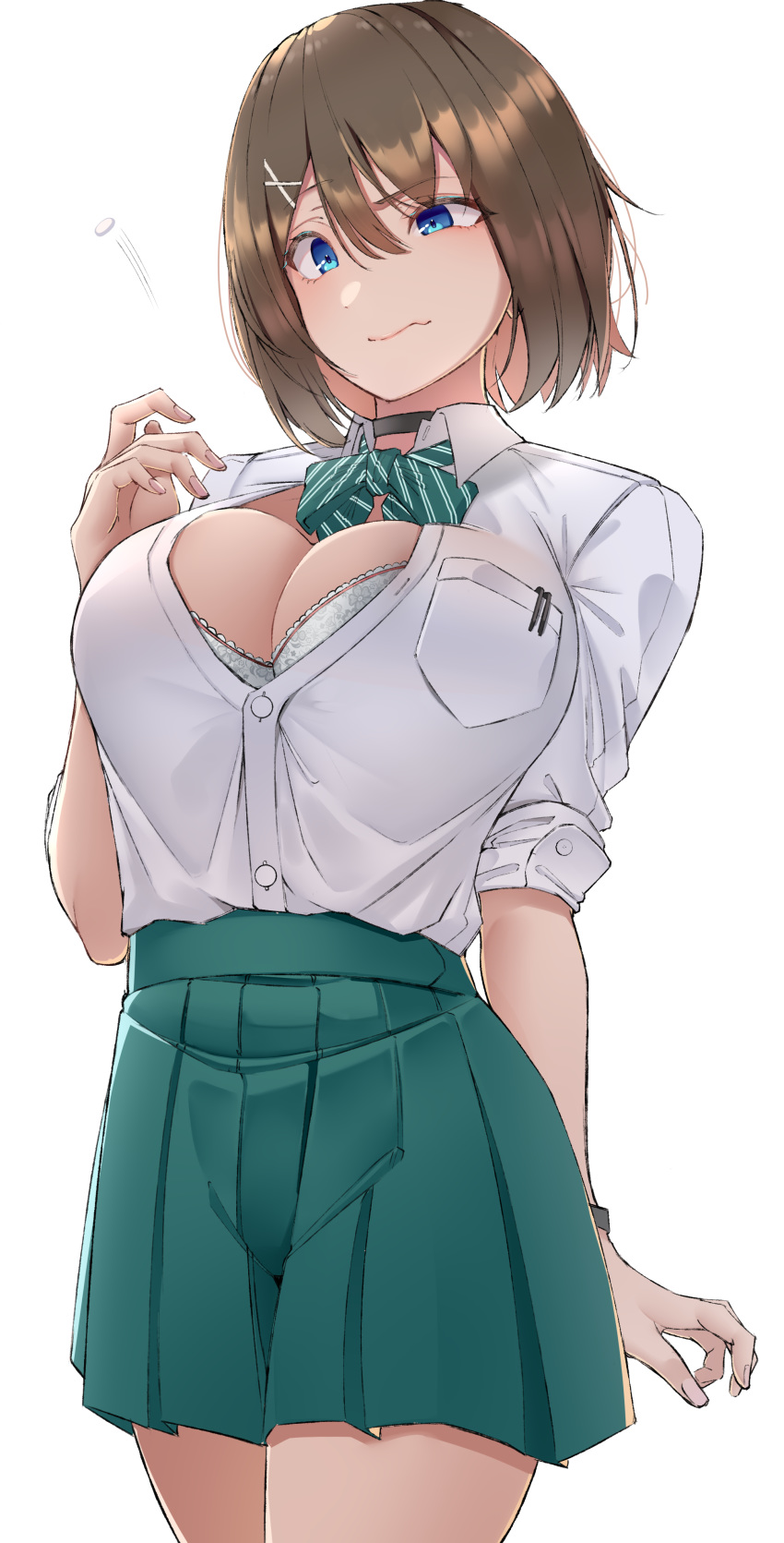 1girl absurdres aqua_skirt blue_eyes bra breasts brown_hair buttons cleavage closed_mouth collared_shirt cowboy_shot eyebrows_visible_through_hair fingernails hair_between_eyes hair_ornament harris_hero highres kantai_collection large_breasts maya_(kantai_collection) pleated_skirt school_uniform shirt short_hair simple_background skirt solo underwear wavy_mouth white_background white_bra white_shirt x_hair_ornament