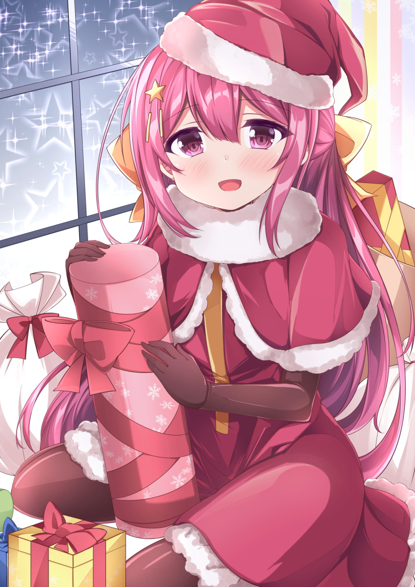 1girl :d acchii_(akina) blush box brown_gloves elbow_gloves eyebrows_visible_through_hair gift gift_box gloves hair_between_eyes hair_ribbon hat highres kamikaze_(kantai_collection) kantai_collection long_hair looking_at_viewer open_mouth purple_eyes purple_hair ribbon sack santa_costume santa_hat smile solo star_(symbol) window yellow_ribbon