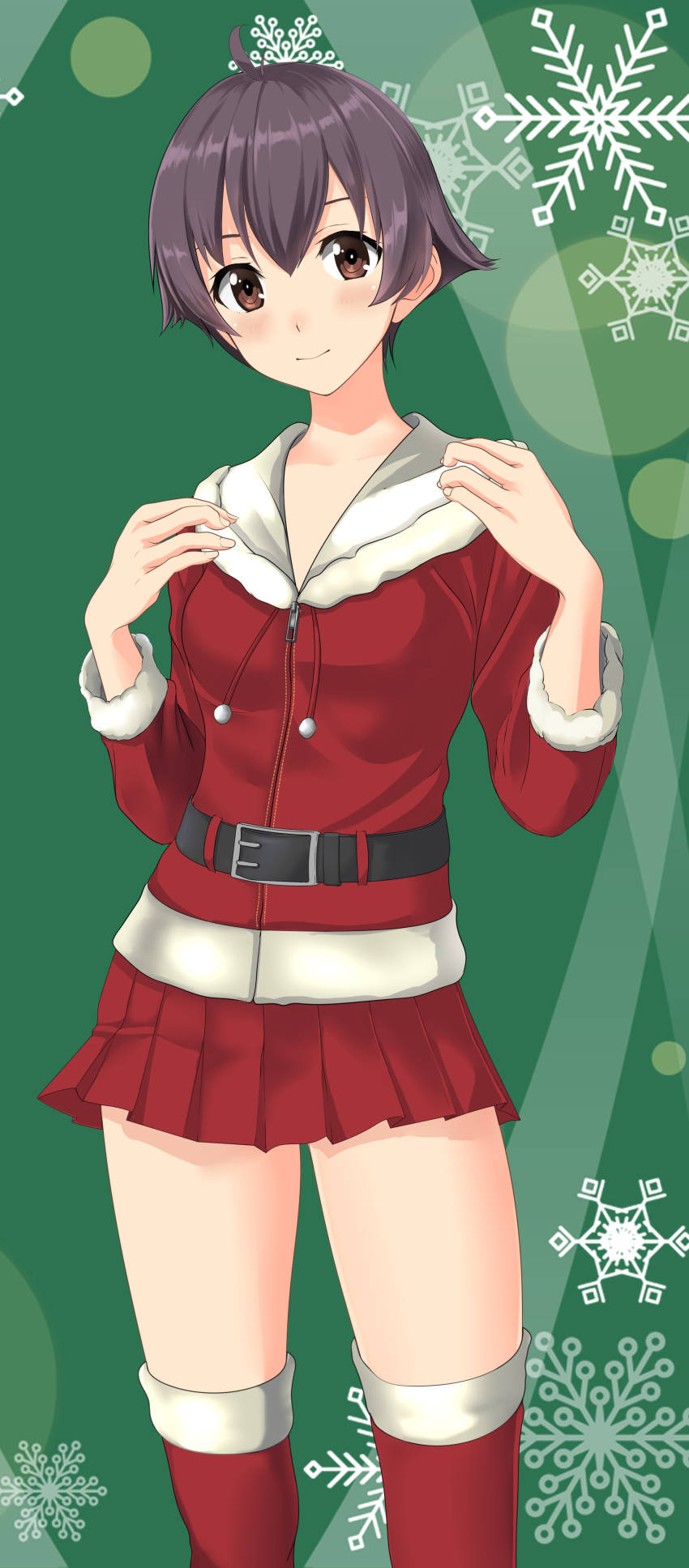 1girl absurdres ahoge black_hair brown_eyes cowboy_shot fur-trimmed_jacket fur-trimmed_legwear fur_trim green_background highres jacket kantai_collection looking_at_viewer official_alternate_costume pleated_skirt red_jacket red_legwear red_skirt sakawa_(kantai_collection) short_hair skirt snowflake_background solo standing takafumi thighhighs