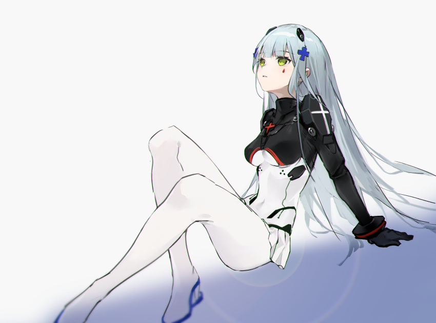 1girl bangs bodysuit breasts commentary eyebrows_visible_through_hair facial_mark girls'_frontline green_eyes hair_ornament high_heels highres hk416_(girls'_frontline) hk416_(midnight_evangelion)_(girls'_frontline) light_blue_hair long_hair looking_up parted_lips simple_background sitting smile_(mm-l) solo symbol-only_commentary teardrop_facial_mark teardrop_tattoo