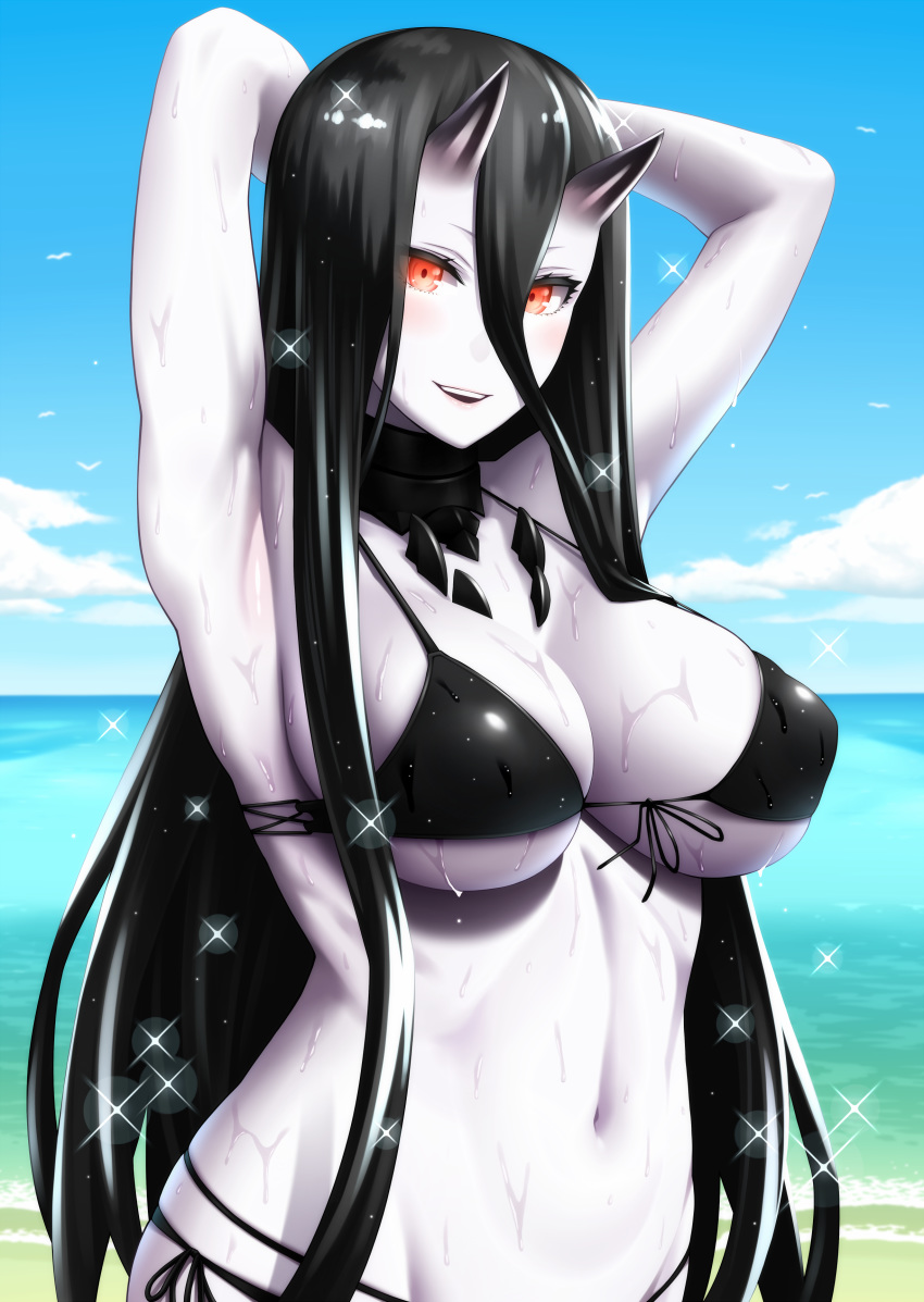1girl absurdres abyssal_ship armpits arms_behind_head arms_up bangs bare_shoulders battleship_princess battleship_summer_princess beach bikini black_bikini black_hair blue_sky blush breasts cleavage cloud colored_skin commentary_request day front-tie_bikini front-tie_top hair_between_eyes highres horizon horns kantai_collection large_breasts long_hair looking_at_viewer navel ocean outdoors pale_skin red_eyes side-tie_bikini sky smile solo sparkle standing string_bikini swimsuit uron-rei very_long_hair water wet white_skin