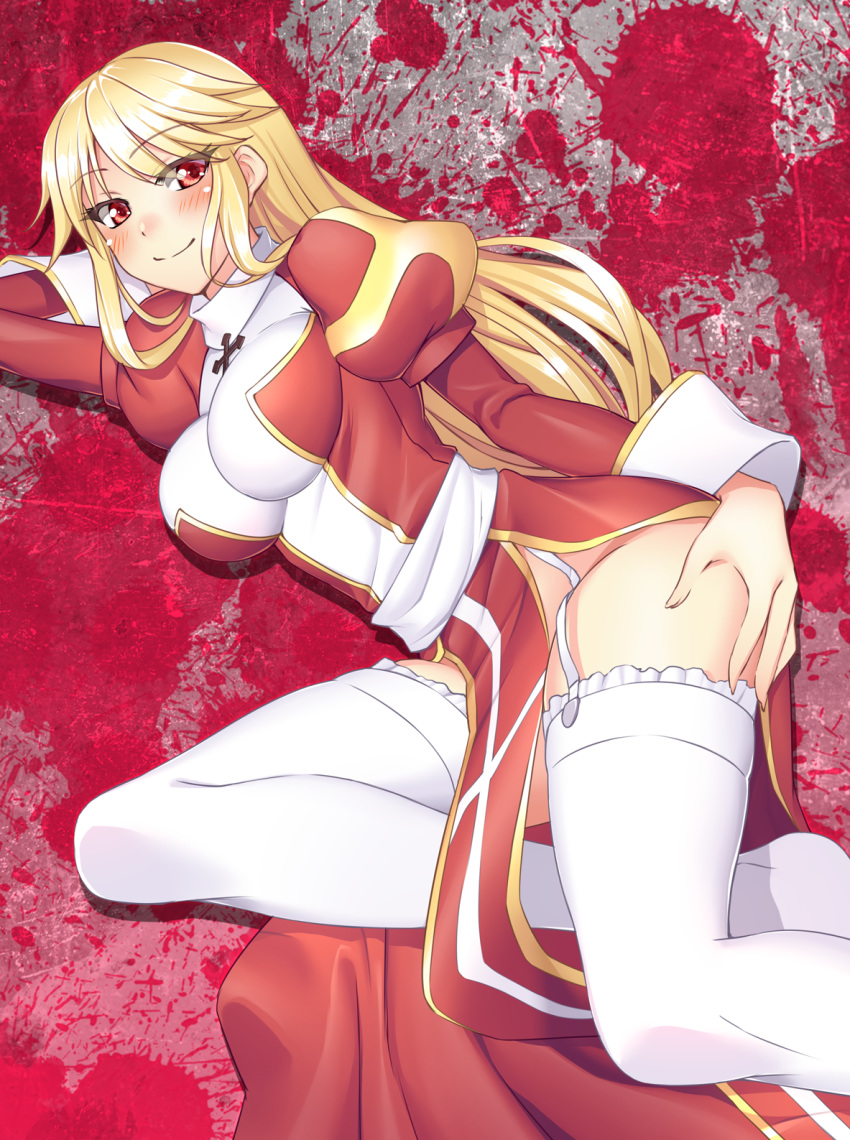 1girl arm_behind_head bangs blonde_hair blood blood_splatter blush breasts closed_mouth commentary_request cross dress eyebrows_visible_through_hair eyes_visible_through_hair feet_out_of_frame garter_straps hair_between_eyes hand_on_thigh head_rest high_priest_(ragnarok_online) highres ike_masato juliet_sleeves large_breasts long_hair long_sleeves looking_at_viewer lying margaretha_solin no_panties no_shoes on_side puffy_sleeves ragnarok_online red_dress red_eyes sash smile solo thighhighs two-tone_dress white_dress white_legwear white_sash