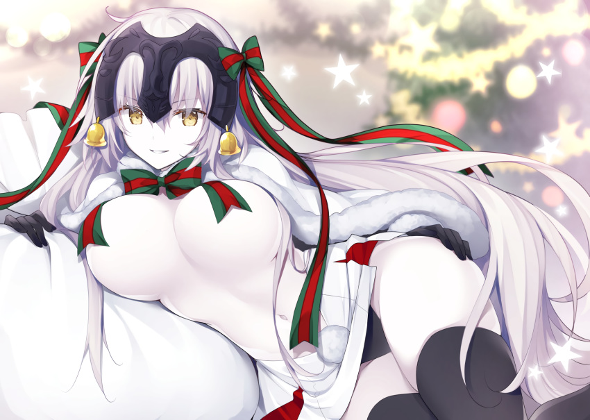 aliasing bell christmas cosplay dress elbow_gloves fate/grand_order fate_(series) gloves jeanne_d'arc_(fate) jeanne_d'arc_alter long_hair miko_92 navel no_bra panties ribbons thighhighs underboob underwear white_hair yellow_eyes