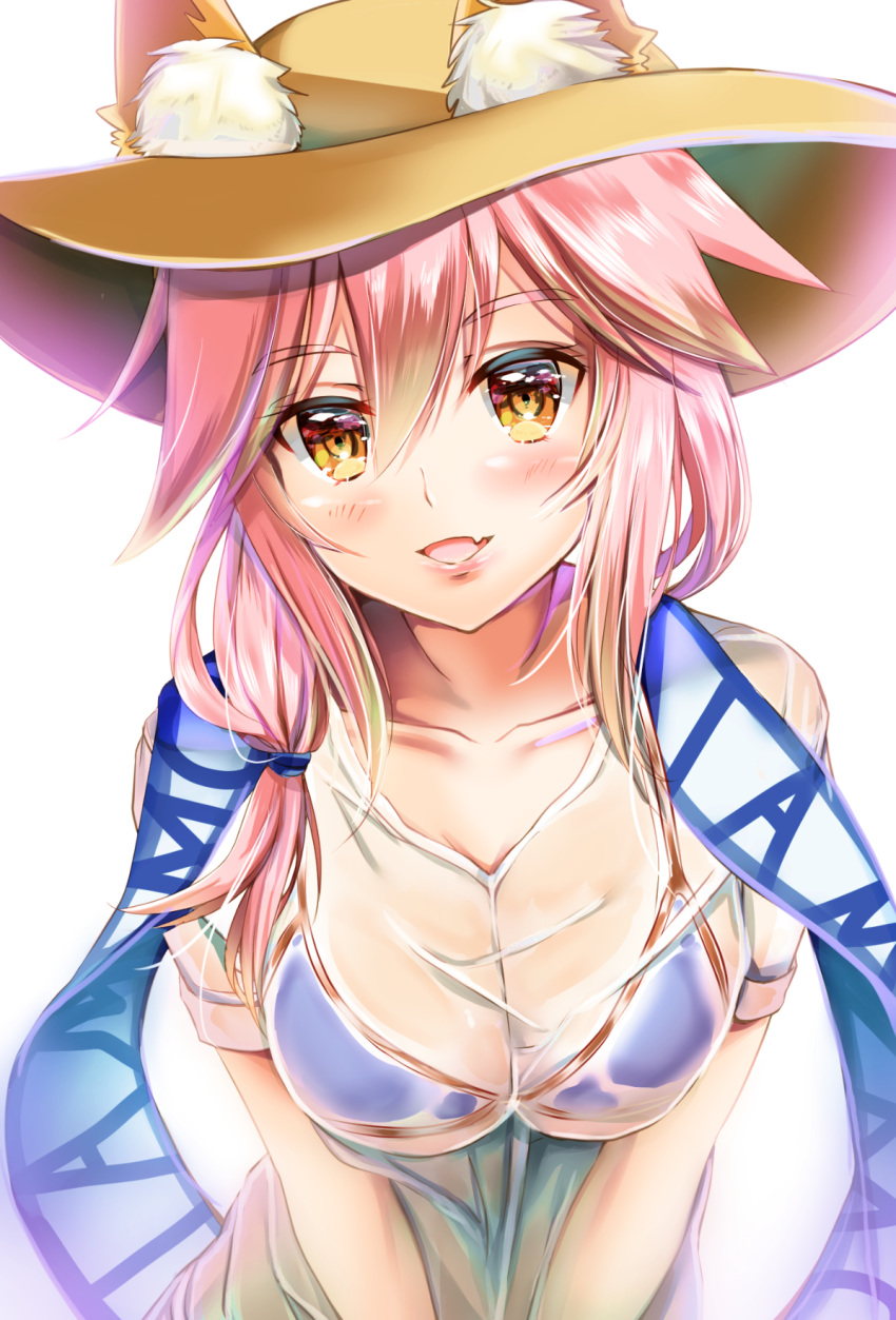1girl animal_ear_fluff animal_ears artist_request bikini blue_bikini blush breasts cleavage collarbone ears_through_headwear eyebrows_visible_through_hair fang fate/grand_order fate_(series) fox_ears fox_girl hat highres large_breasts lips looking_at_viewer open_mouth pink_hair shirt side-tie_bikini simple_background skin_fang solo straw_hat swimsuit tamamo_(fate)_(all) tamamo_no_mae_(swimsuit_lancer)_(fate) wet wet_clothes wet_shirt wet_t-shirt white_background yellow_eyes
