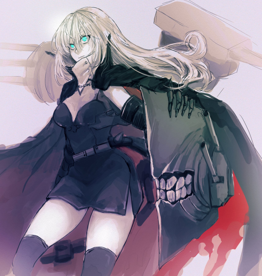 1girl abyssal_ship bangs black_dress black_legwear blue_eyes breasts cape claws closed_mouth colored_skin dress european_water_princess grey_background hagioshi hair_between_eyes highres kantai_collection long_hair mechanical_arm pale_skin rigging simple_background sketch sleeveless sleeveless_dress solo thighhighs white_hair white_skin