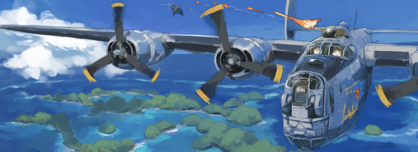 4girls absurdres aircraft airplane b-24_liberator ball_turret blue_sky bomber cloud enemy_aircraft_(kantai_collection) engine fairy_(kantai_collection) highres juraki_hakuaki kantai_collection military military_vehicle multiple_girls nose_art ocean propeller sky tracer_fire turret wings