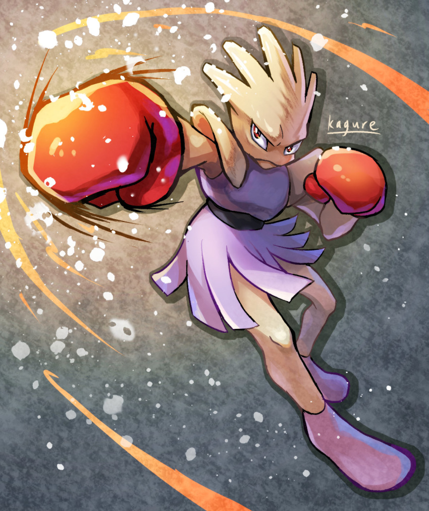 clenched_hands closed_mouth commentary_request full_body gen_1_pokemon highres hitmonchan kagure_(karaguren) knees looking_to_the_side pokemon pokemon_(creature) punching red_eyes solo