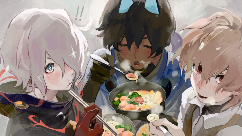 ! 3boys arjuna_alter black_hair black_jacket black_vest blowing blowing_on_food blue_eyes blush brown_hair chopsticks closed_eyes commentary dark_skin dark_skinned_male eating fate/grand_order fate_(series) food hair_over_one_eye highres holding holding_chopsticks holding_spoon jacket karna_(santa)_(fate) long_sleeves multiple_boys noodles open_mouth ramen red_eyes shirt sieg_(fate/apocrypha) smile soup sparkling_eyes spoon vest white_hair white_shirt windykown