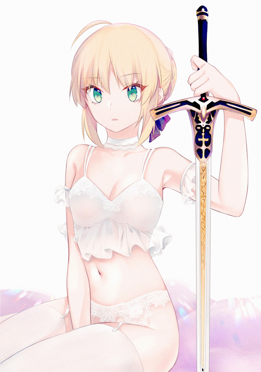 1girl ahoge artoria_pendragon_(all) bare_shoulders between_legs blonde_hair blue_ribbon breasts cleavage collarbone commentary_request elbow_gloves excalibur eyebrows_visible_through_hair fate/stay_night fate_(series) gloves green_eyes hair_ribbon highres holding holding_sword holding_weapon lingerie looking_at_viewer medium_breasts navel panties ribbon saber short_hair simple_background sitting solo suzuakks sword thighhighs underwear weapon