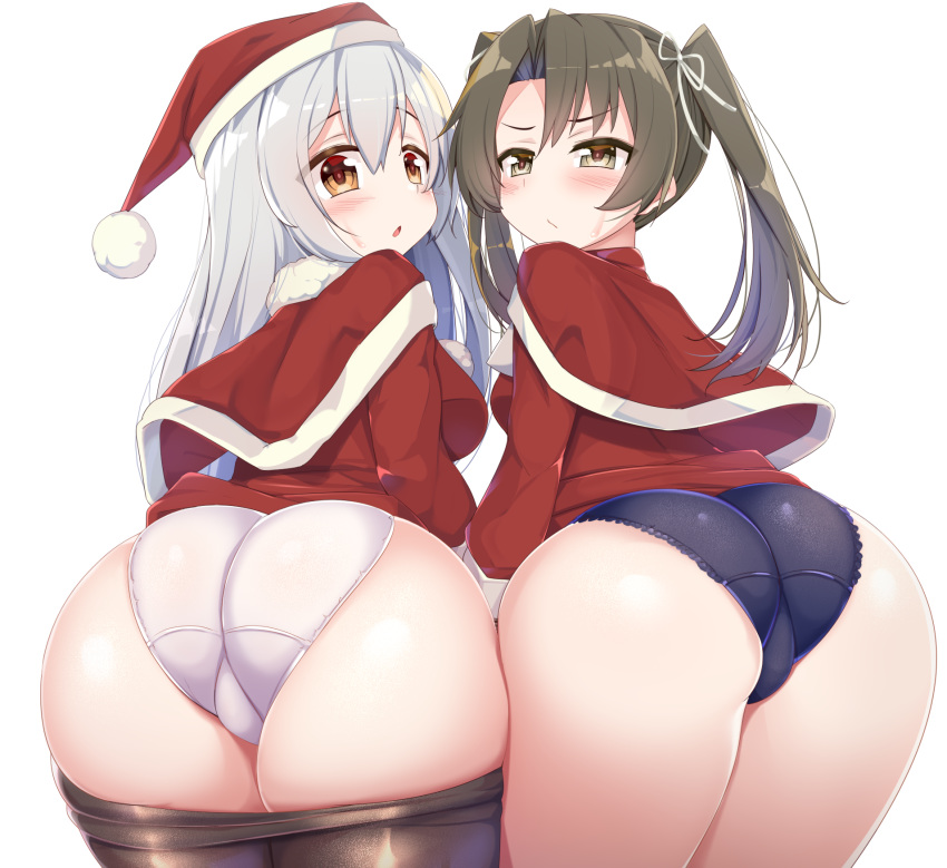 2girls ass ass_focus black_legwear blush brown_eyes capelet chestnut_mouth commentary_request cowboy_shot from_behind grey_hair hair_ribbon hat highres kantai_collection kurokoshou_(emuburemu123) long_hair looking_at_viewer looking_back multiple_girls panties pantyhose pantyhose_pull parted_lips ribbon santa_costume santa_hat shoukaku_(kantai_collection) silver_hair simple_background skindentation sweatdrop twintails underwear white_background white_panties zuikaku_(kantai_collection)