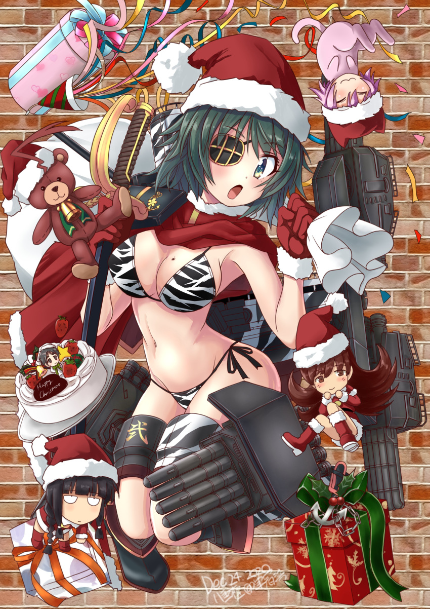 4girls absurdres animal_costume animal_print bikini breasts brick_wall cake cape cat_costume cleavage commentary_request eyepatch food full_body fur-trimmed_gloves fur-trimmed_headwear fur_trim gift gloves green_eyes green_hair hat highres kantai_collection kiso_(kantai_collection) kitakami_(kantai_collection) kuma_(kantai_collection) looking_at_viewer machinery maru-yu_(kantai_collection) medium_breasts multiple_girls muzzuleflash ooi_(kantai_collection) red_cape red_gloves red_headwear santa_costume santa_hat short_hair side-tie_bikini stuffed_animal stuffed_toy swimsuit tama_(kantai_collection) teddy_bear tiger_print torpedo_launcher