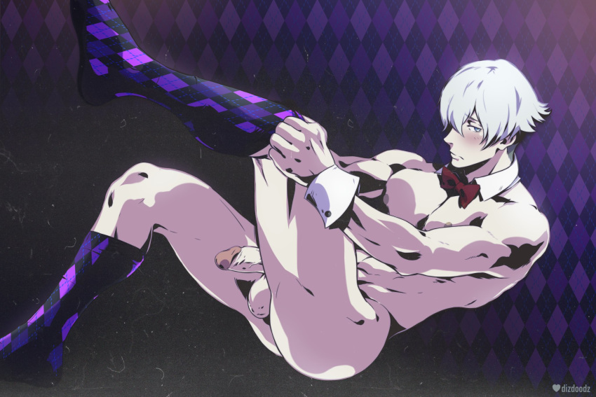 1boy argyle argyle_background bangs bara black_footwear blue_eyes blush bow bowtie death_parade decim_(death_parade) detached_collar dizdoodz full_body hair_over_one_eye heart heart-shaped_pupils highres looking_at_viewer male_focus nipples nude pale_skin pectorals penis short_hair socks solo swept_bangs symbol-shaped_pupils testicles thighs toned toned_male uncensored veins veiny_penis white_hair wrist_cuffs