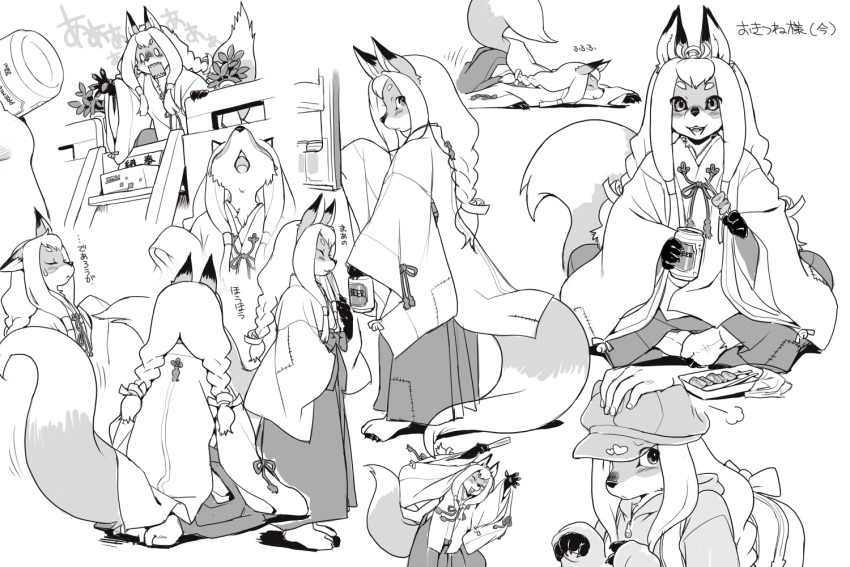 3:2 anthro asian_clothing asian_mythology canid canine clothing disembodied_hand duo east_asian_clothing east_asian_mythology female fox hair human japanese japanese_clothing japanese_mythology kemono kikurage kimono male mammal monochrome mythology sketch_page solo_focus