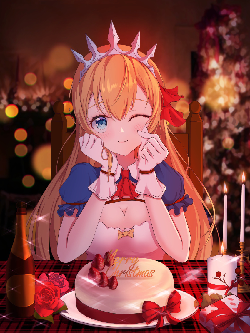 1girl absurdres ahoge bangs blue_eyes blurry blurry_background blush bottle braid breasts cake candle candlelight christmas cleavage closed_mouth commentary flower food fruit gift gloves hair_ribbon highres indoors large_breasts long_hair looking_at_viewer merry_christmas one_eye_closed orange_hair pani_(wpgns9536) pecorine_(princess_connect!) princess_connect! princess_connect!_re:dive puffy_short_sleeves puffy_sleeves ribbon rose short_sleeves sitting smile solo strawberry tiara white_gloves