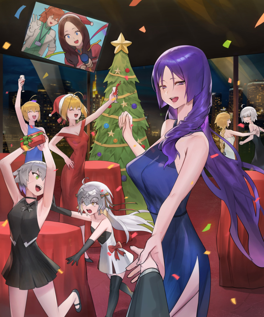 1boy 6+girls absurdres ahoge alcohol anger_vein artoria_pendragon_(all) bell black_dress blue_dress blush_stickers braid breasts brown_hair building champagne_flute chasing christmas christmas_present christmas_tree cityscape cleavage closed_eyes confetti cup dress drinking_glass evening evening_gown fate/grand_order fate_(series) fleeing gift hat headpiece highres holding holding_gift hood_(james_x) indoors jack_the_ripper_(fate/apocrypha) jeanne_d'arc_(alter)_(fate) jeanne_d'arc_(fate) jeanne_d'arc_(fate)_(all) jeanne_d'arc_alter_santa_lily jingle_bell large_breasts leonardo_da_vinci_(fate/grand_order) long_hair looking_at_another looking_at_viewer merry_christmas minamoto_no_raikou_(fate/grand_order) multiple_girls nero_claudius_(fate) nero_claudius_(fate)_(all) open_mouth orange_hair pov purple_dress purple_hair red_carpet red_dress romani_archaman saber santa_hat short_hair side_slit silver_hair skyscraper sleeveless sleeveless_dress small_breasts smile tearing_up white_dress window wine yellow_eyes
