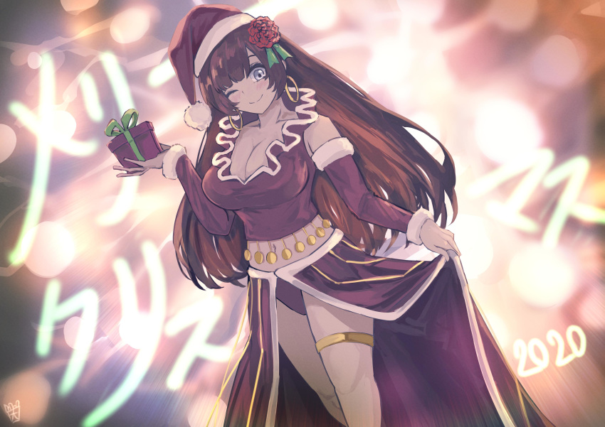 1girl 2020 absurdres adapted_costume blue_eyes blush box breasts brown_hair cleavage detached_sleeves earrings fate/grand_order fate_(series) flower gift gift_box hair_flower hair_ornament highres hoop_earrings jewelry large_breasts long_hair mata_hari_(fate/grand_order) one_eye_closed ootato santa_costume skirt skirt_lift smile thighlet