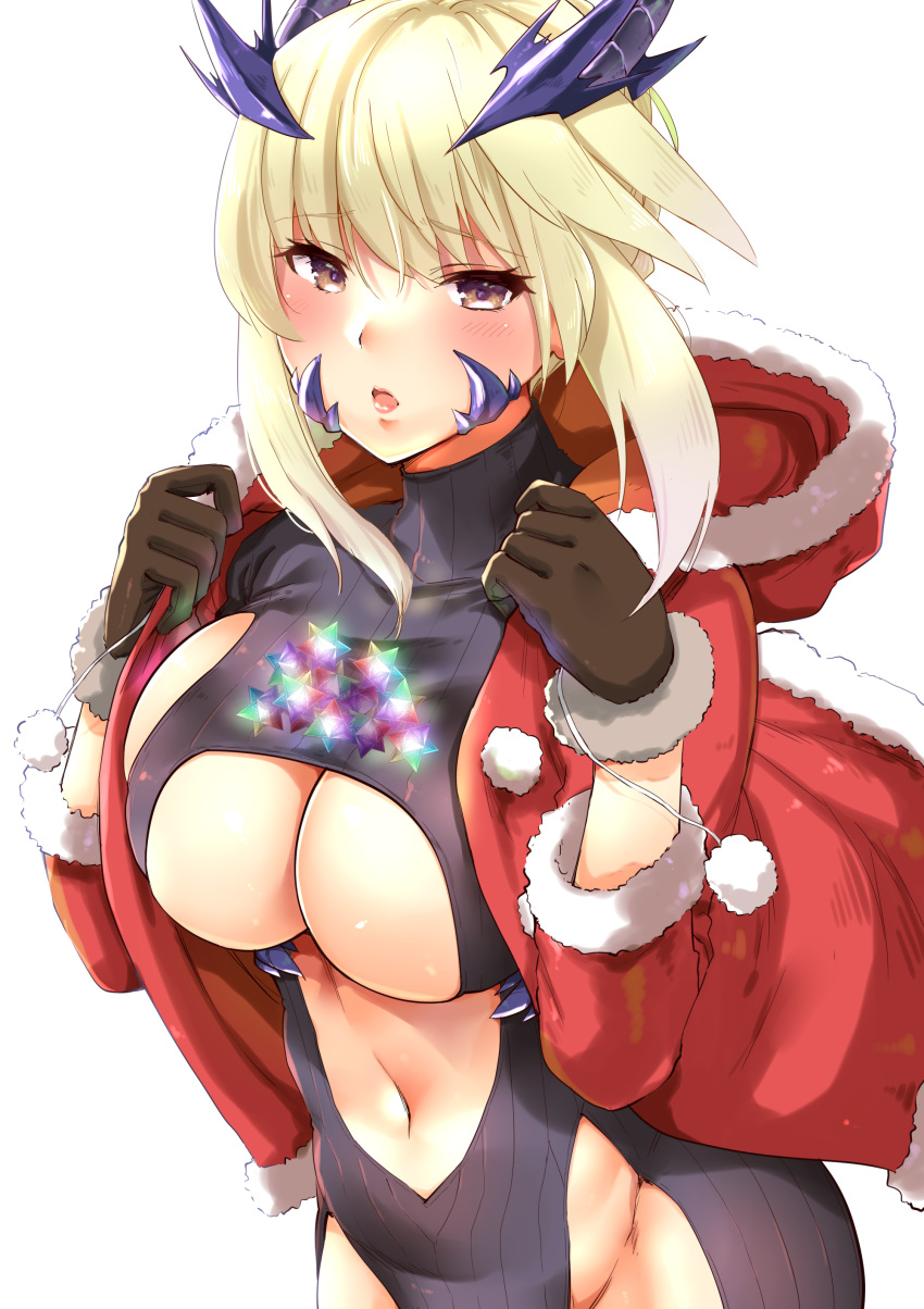 1girl absurdres artoria_pendragon_(all) artoria_pendragon_(lancer_alter) bangs black_bodysuit blonde_hair blush bodysuit braid breasts brown_eyes center_opening fate/grand_order fate_(series) french_braid fur-trimmed_jacket fur_trim gloves hair_between_eyes highres horns jacket large_breasts long_hair long_sleeves looking_at_viewer navel open_clothes open_jacket open_mouth red_jacket saint_quartz sarfata sidelocks simple_background underboob white_background