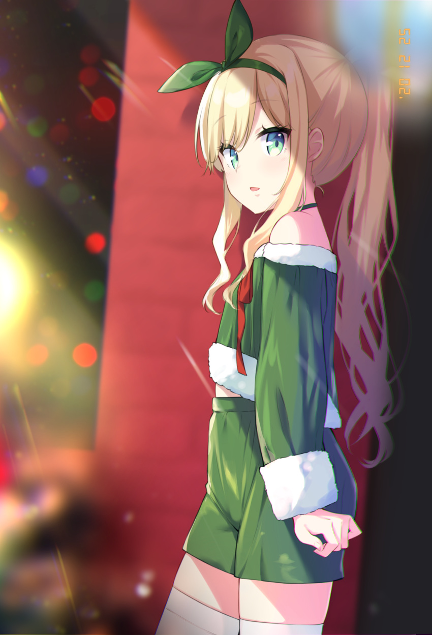 1girl absurdres bare_shoulders blonde_hair blurry blurry_background commentary_request depth_of_field from_side fur-trimmed_shorts fur-trimmed_sleeves fur_trim green_eyes green_hairband green_ribbon green_shirt green_shorts hair_ribbon hairband highres isurugi_mio long_hair looking_at_viewer looking_to_the_side mimura_zaja mm! off-shoulder_shirt off_shoulder parted_lips ponytail ribbon shirt short_shorts shorts solo standing thighhighs very_long_hair white_legwear