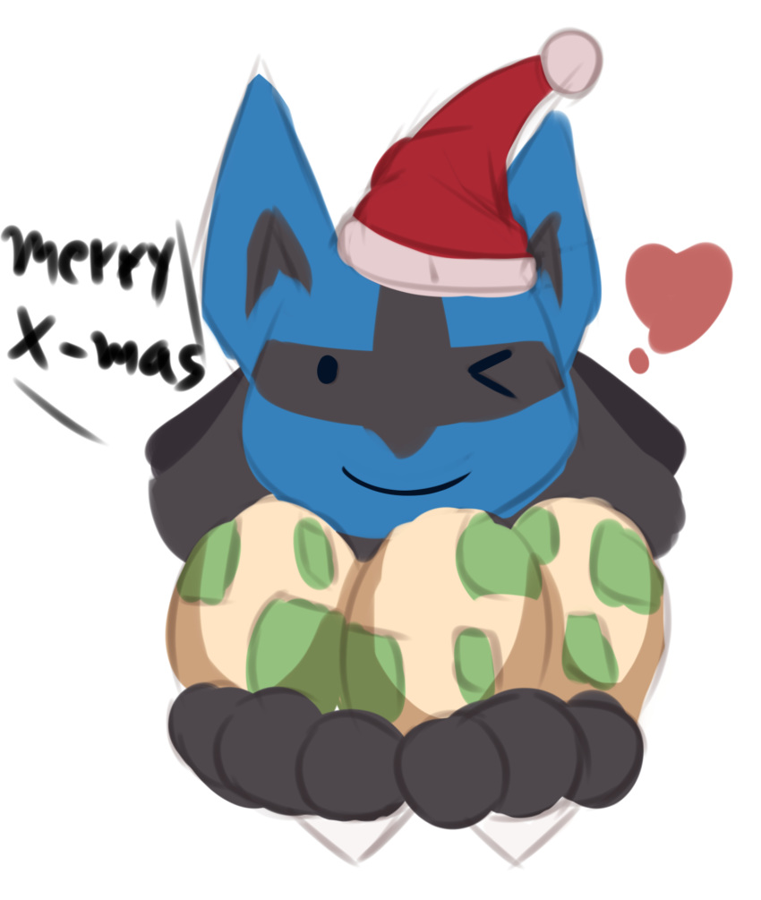 2020 christmas hi_res holidays lucario male nintendo one_eye_closed pok&eacute;mon pok&eacute;mon_(species) ritorutaiga signature simple_background smile solo video_games white_background wink