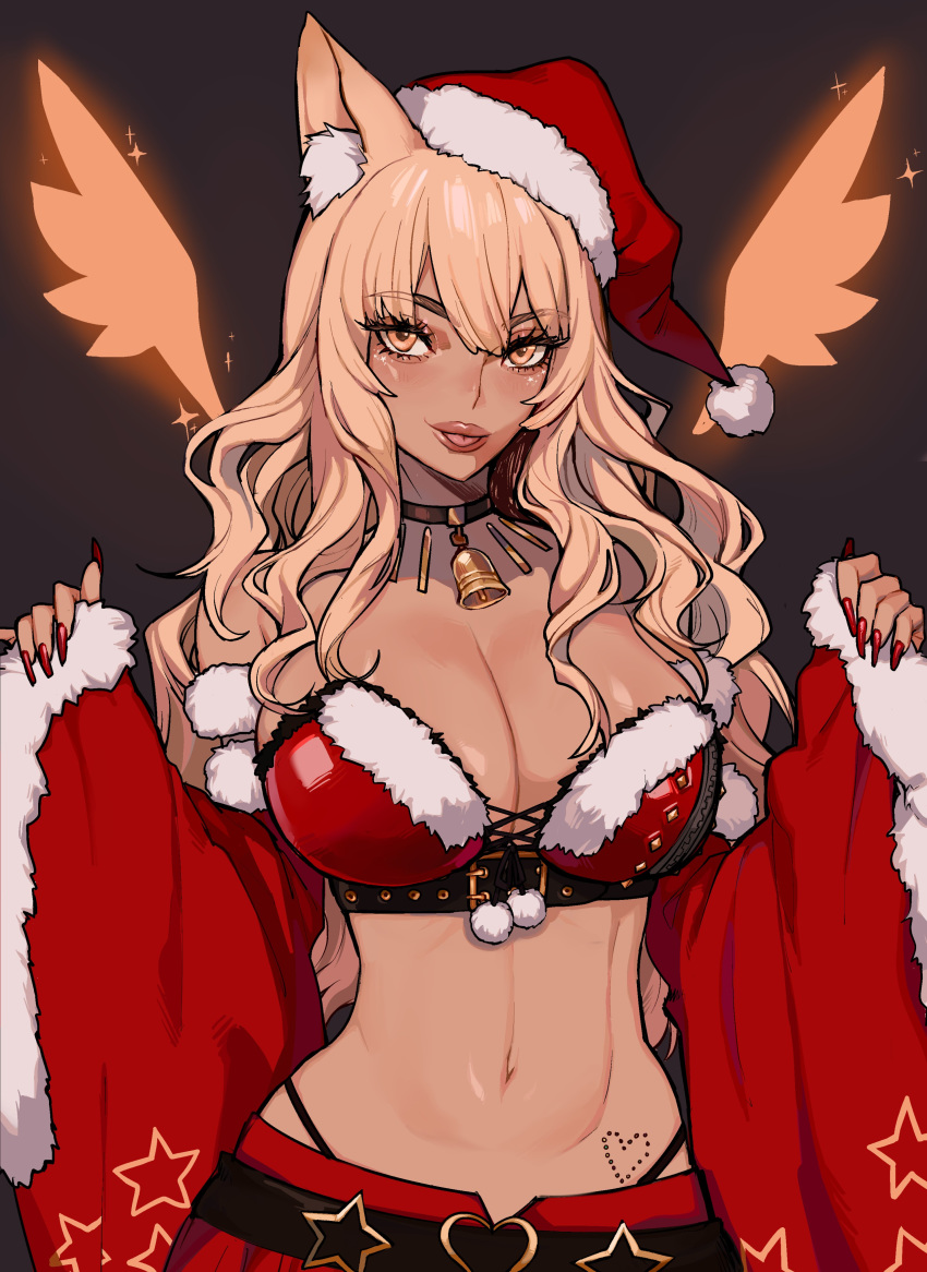 1girl absurdres animal_ear_fluff animal_ears bangs bare_shoulders bell bell_choker black_background blonde_hair breasts choker cleavage collarbone dark_skin dark_skinned_female detached_sleeves energy_wings ennuigrl fate/grand_order fate/grand_order_arcade fate_(series) fox_ears fur_trim gyaru hat highres large_breasts lips long_hair looking_at_viewer navel santa_costume santa_hat suzuka_gozen_(fate) suzuka_gozen_(santa)_(fate) wide_sleeves wings yellow_eyes