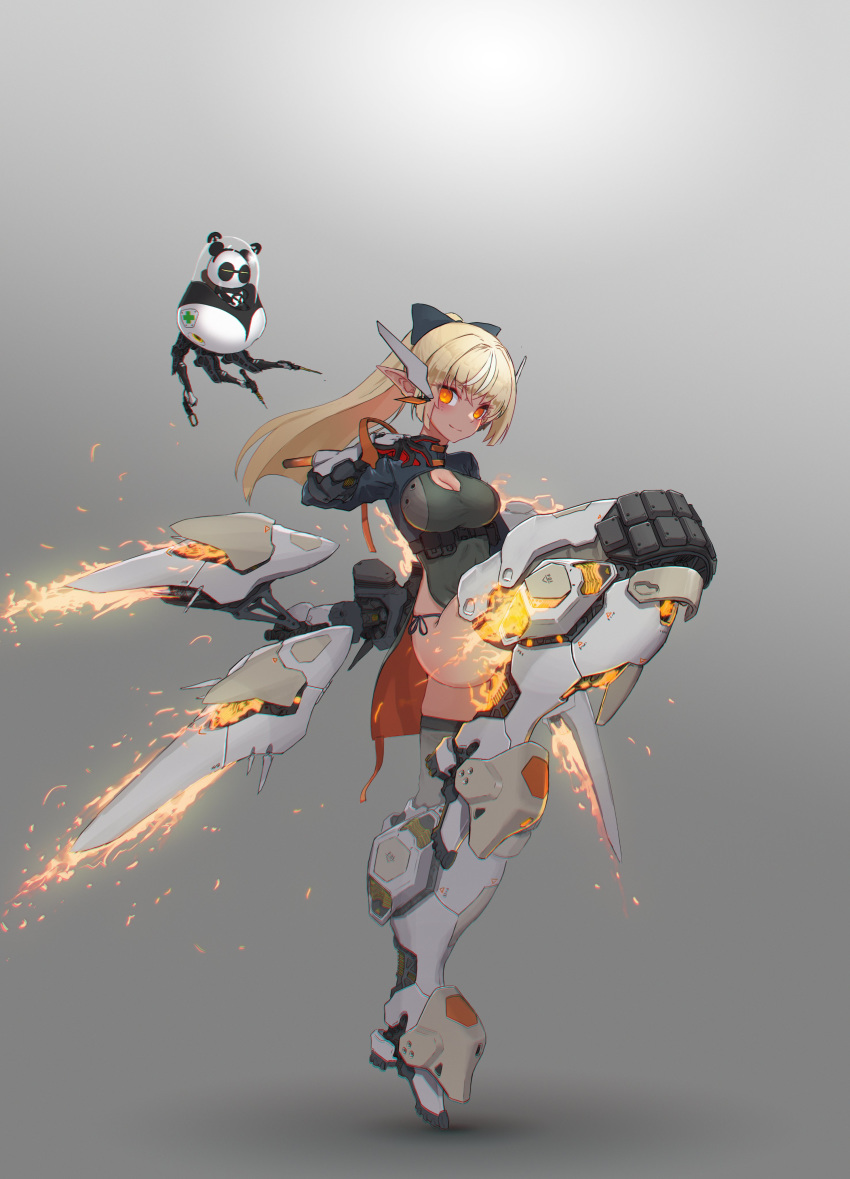 1girl absurdres bangs blonde_hair blunt_bangs breasts cleavage cleavage_cutout clothing_cutout dark_skin dark_skinned_female elf gradient highres hololive kintsuba_(shiranui_flare) knee_up mecha_musume medium_breasts oota_youjo orange_eyes pointy_ears ponytail robot science_fiction shiranui_flare solo standing standing_on_one_leg virtual_youtuber