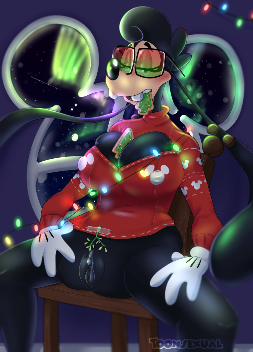 absurd_res anthro aurora_borealis big_breasts breast_squish breasts canid canine canis christmas christmas_clothing christmas_lights christmas_sweater christmas_topwear clitoris clothing cookie disney domestic_dog erect_nipples eyewear fan_character female food genitals glasses gloves goof_troop handwear hi_res hidden_mickey holidays long_ears mammal mistletoe nebula_(toonsexual) nipples plant pussy solo spread_legs spreading squish sweater toonsexual toony topwear window