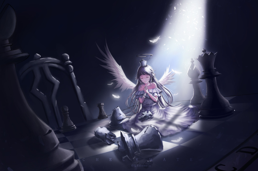 1girl absurdres angel angel_wings bandages bishop_(chess) board_game broken broken_halo chair checkered checkered_floor chess chess_piece chessboard closed_eyes cracked_skin crying dress feathered_wings feathers halo highres king_(chess) l4timeria long_hair original pawn_(chess) queen_(chess) rook_(chess) spotlight white_dress white_hair wings