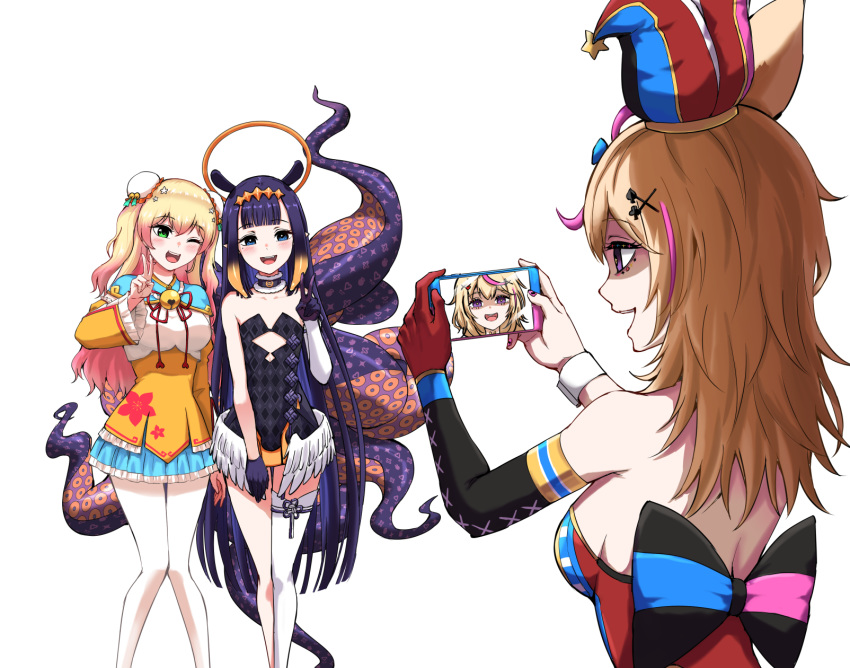 3girls animal_ears back bare_legs bell black_bow black_leotard blonde_hair blue_capelet blue_eyes blue_skirt blush bow breasts bun_cover capelet cellphone china_dress chinese_clothes club_hair_ornament commentary cowboy_shot deception detached_sleeves double_bun dress eyebrows_visible_through_hair eyelashes facepaint floral_print fox_ears gloves gradient_hair green_eyes hair_between_eyes hair_ornament halo hat highres holding holding_phone hololive hololive_english jester_cap knees_together_feet_apart leotard lolita_fashion long_hair medium_breasts miniskirt momosuzu_nene multicolored_hair multiple_girls nail_polish ninomae_ina'nis off-shoulder_dress off_shoulder omaru_polka open_mouth orange_hair pantyhose phone pink_hair pose purple_eyes purple_gloves purple_hair purple_nails qi_lolita red_gloves self_shot shaded_face side-by-side simple_background single_glove single_sleeve single_thighhigh skirt small_breasts smartphone smile spade_hair_ornament standing straight_hair streaked_hair taking_picture teeth tentacle_hair tentacles thighhighs tiara two-tone_hair two_side_up v virtual_youtuber white_background white_legwear wings wrist_cuffs x_hair_ornament yuu201023