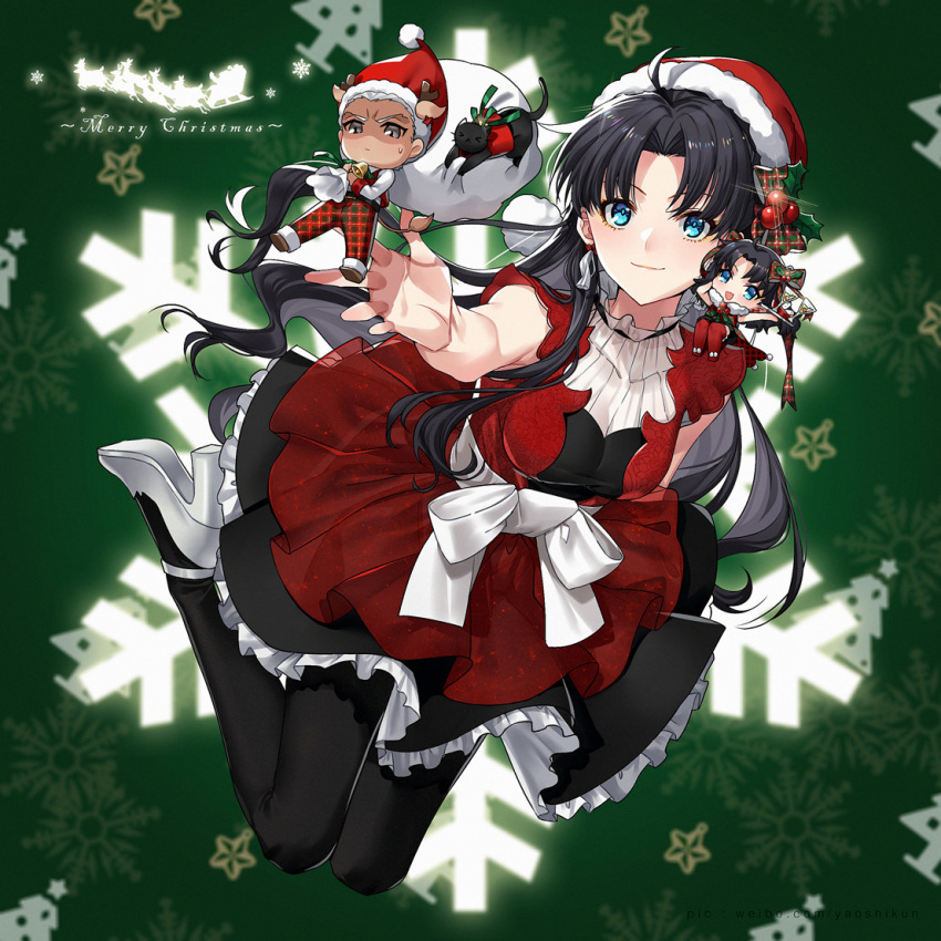 1boy 2girls ahoge archer black_hair black_legwear blue_eyes blush breasts chibi christmas dark_skin emiya_shirou english_text fate/stay_night fate_(series) fur-trimmed_headwear green_background grey_hair hat high_heels long_hair long_legs looking_at_viewer medium_breasts merry_christmas multiple_girls outstretched_arm ribbon santa_costume santa_hat smile snowflake_background snowflakes thighhighs thighs tohsaka_rin white_footwear white_hair white_ribbon yaoshi_jun