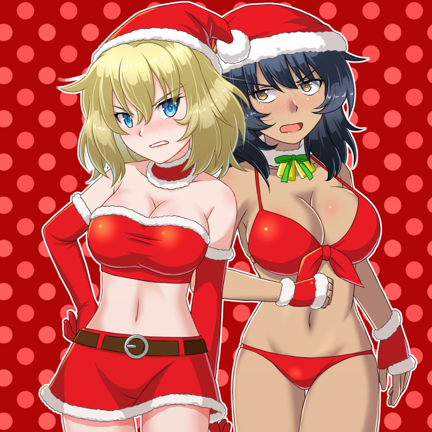 2girls andou_(girls_und_panzer) bangs bare_shoulders bell bell_choker belt beni_(bluebluesky) bikini black_belt black_hair blonde_hair blue_eyes blush breasts brown_eyes choker cleavage commentary cowboy_shot dark_skin elbowing eyebrows_visible_through_hair front-tie_bikini front-tie_top frown fur-trimmed_choker fur-trimmed_shirt fur_trim girls_und_panzer girls_und_panzer_senshadou_daisakusen! gloves grimace half_gloves hand_on_hip hat highres holding large_breasts looking_at_another medium_breasts medium_hair messy_hair midriff miniskirt multiple_girls navel official_alternate_costume open_mouth oshida_(girls_und_panzer) polka_dot polka_dot_background red_background red_bikini red_choker red_shirt red_skirt santa_bikini santa_gloves santa_hat shirt side-by-side skindentation skirt standing strapless swimsuit thigh_gap tubetop v-shaped_eyebrows white_choker