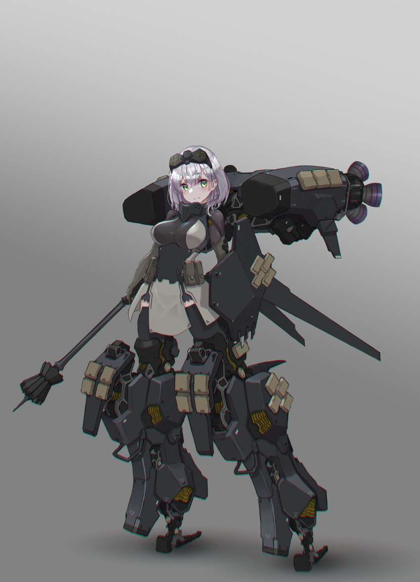 1girl absurdres bodysuit breasts eyewear_on_head gradient gradient_background green_eyes head_tilt highres holding holding_weapon hololive large_breasts leaning_back looking_to_the_side mace mecha_musume oota_youjo science_fiction shirogane_noel short_hair silver_hair solo standing thighhighs virtual_youtuber weapon