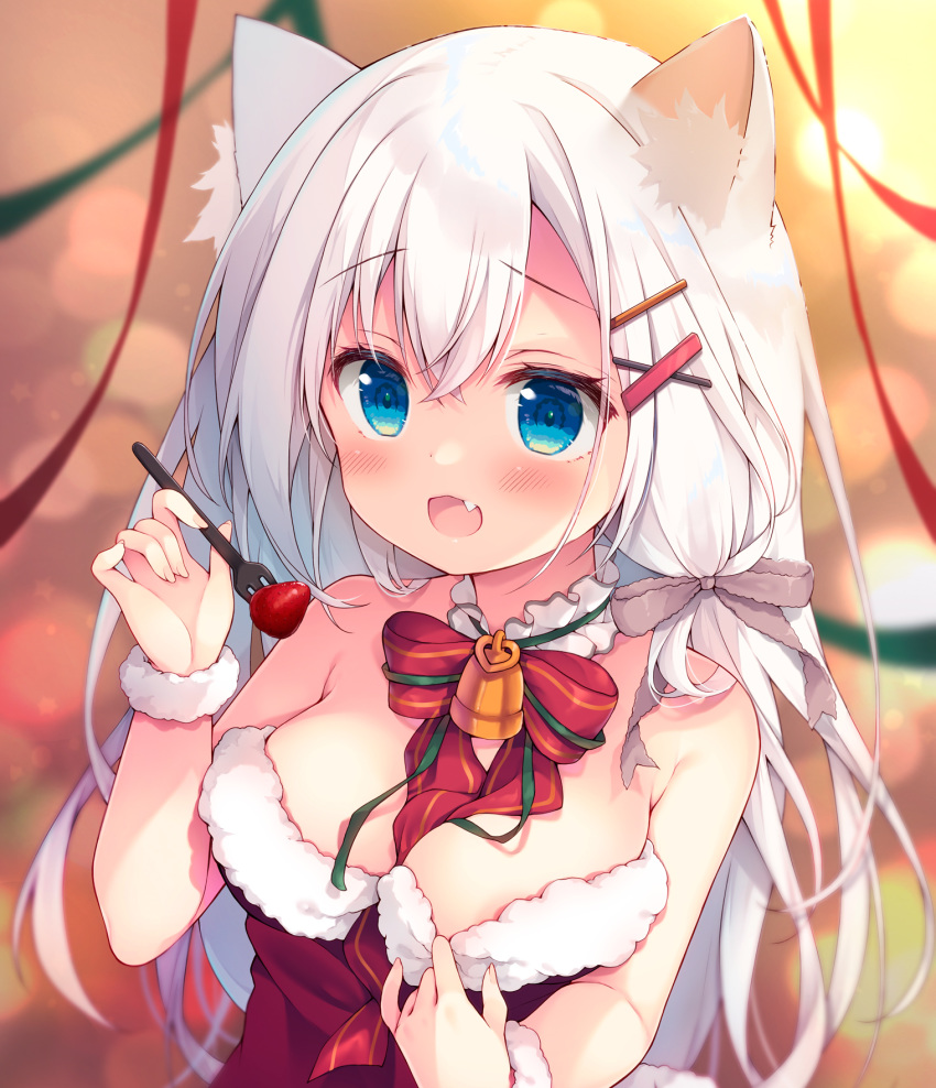 1girl :d animal_ear_fluff animal_ears bangs bare_shoulders bell blue_eyes blurry blurry_background blush bow breasts cat_ears christmas cleavage commentary_request depth_of_field dress eyebrows_visible_through_hair fang food fork fruit fur-trimmed_dress fur_trim hair_between_eyes hair_ornament hairclip hands_up highres holding holding_fork izumiyuhina long_hair medium_breasts open_mouth original red_bow red_dress smile solo strapless strapless_dress strawberry striped striped_bow upper_body very_long_hair white_hair x_hair_ornament