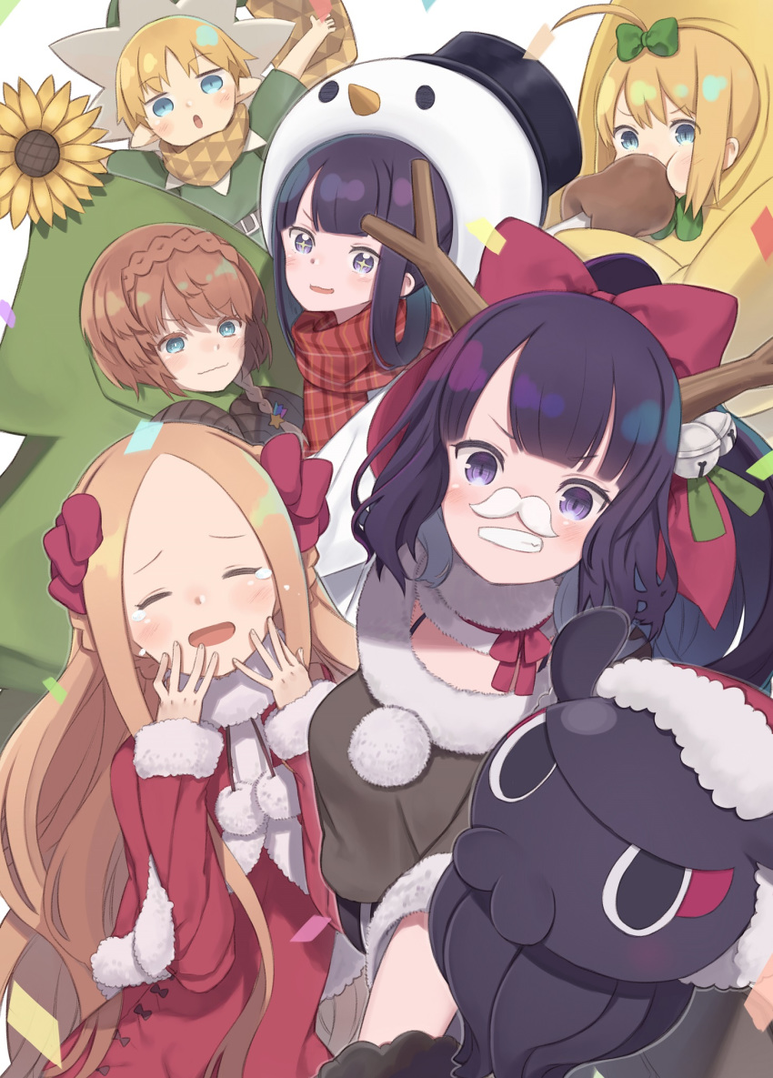 1boy 5girls :d abigail_williams_(fate/grand_order) ahoge animal artoria_pendragon_(all) bangs bell blonde_hair blue_eyes blush boned_meat bow braid brown_hair christmas_tree_costume closed_eyes commentary_request crown_braid crying dress eating facing_viewer fake_facial_hair fake_mustache fate/grand_order fate/requiem fate_(series) flower food forehead fur-trimmed_headwear fur-trimmed_sleeves fur_trim green_bow green_shirt grey_eyes grin hair_bell hair_bow hair_ornament hair_rings hands_up hat highres jingle_bell katsushika_hokusai_(fate/grand_order) katsushika_hokusai_(swimsuit_saber)_(fate) long_hair long_sleeves looking_at_viewer meat multiple_girls mysterious_heroine_xx_(foreigner) octopus open_mouth outstretched_arms parted_bangs purple_eyes purple_hair red_dress red_headwear santa_costume santa_hat shirt short_sleeves sleeves_past_wrists smile snowman_costume sunflower tears tokitarou_(fate/grand_order) totatokeke van_gogh_(fate) very_long_hair voyager_(fate/requiem) white_background yang_guifei_(fate/grand_order) yellow_flower