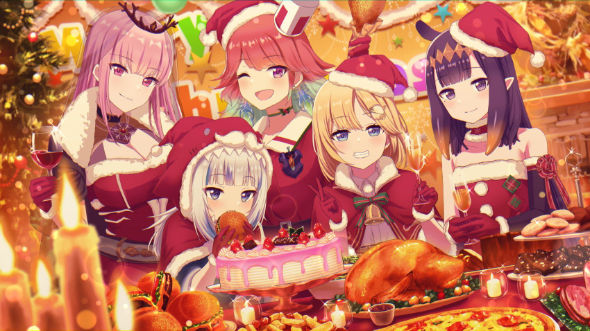 5girls alternate_costume animal_ears animal_hood aqua_hair bangs blonde_hair blue_eyes blue_hair blunt_bangs blurry blurry_foreground blush breasts cake candle capelet center_opening chicken_leg christmas christmas_ornaments christmas_tree cleavage closed_mouth commentary cookie cowboy_shot crossed_fingers cup depth_of_field dessert detached_collar dress drinking_glass earrings eating english_commentary eyebrows_visible_through_hair feather_earrings feathers flat_chest food fruit fur-trimmed_collar fur-trimmed_dress fur_trim gawr_gura gloves gradient_hair grin hair_ornament hamburger hat highres holding holding_cup holding_food hololive hololive_english hood jewelry long_hair looking_at_viewer medium_breasts mole mole_under_eye mori_calliope multicolored_hair multiple_girls ninomae_ina'nis off-shoulder_dress off_shoulder one_eye_closed open_mouth orange_hair parted_bangs pink_eyes pink_hair pizza pointy_ears pom_pom_(clothes) purple_eyes purple_hair red_capelet red_dress red_gloves red_headwear santa_costume santa_dress santa_hat shark_hood sharp_teeth short_hair silver_hair smile star_(symbol) strawberry streaked_hair takanashi_kiara teeth tentacle_hair tiara turkey_(food) v veil virtual_youtuber watson_amelia weizen wine_glass