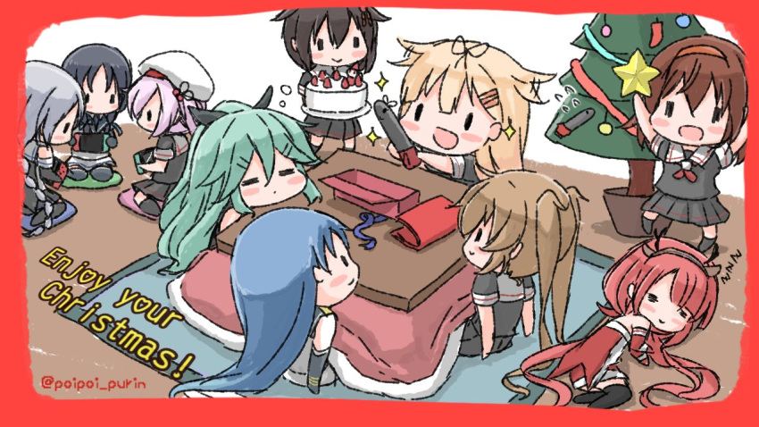 6+girls ahoge bangs blue_hair border brown_hair cake chibi christmas closed_eyes expressive_hair food gloves green_hair hair_flaps hair_ornament hair_ribbon hairband handheld_game_console harusame_(kantai_collection) hat holding indoors kantai_collection kawakaze_(kantai_collection) kotatsu long_hair lying multiple_girls murasame_(kantai_collection) nintendo_switch on_side open_mouth pink_hair poipoi_purin ponytail red_border red_hair remodel_(kantai_collection) ribbon sailor_collar samidare_(kantai_collection) school_uniform serafuku shigure_(kantai_collection) shiratsuyu_(kantai_collection) short_hair sleeping sleeping_upright smile sparkle standing suzukaze_(kantai_collection) table torpedo twintails twitter_username umikaze_(kantai_collection) video_game yamakaze_(kantai_collection) yuudachi_(kantai_collection) zzz