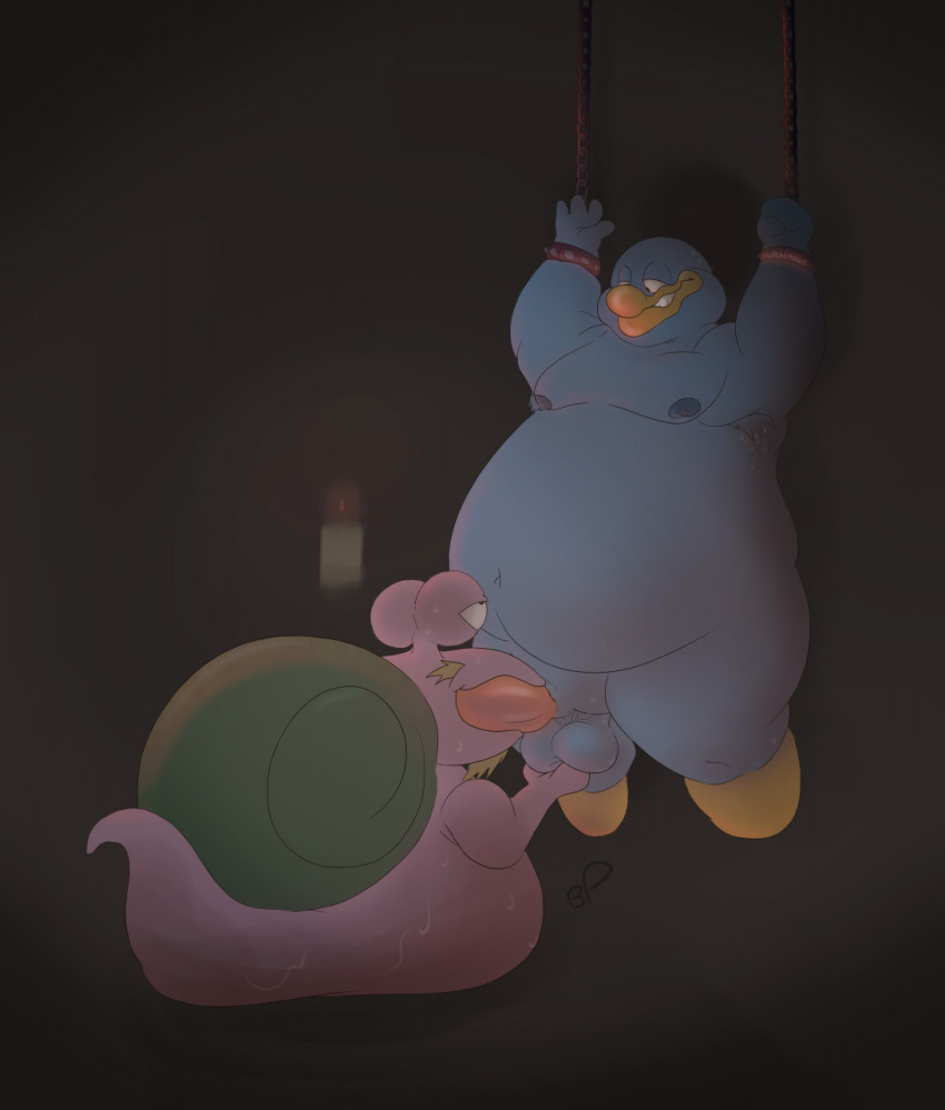 anthro avian ball_fondling balls bastardpalace bdsm belly bird dungeon duo erection escargoon fondling gastropod genitals hi_res king_dedede kirby_(series) male male/male mollusk nintendo nipples oral overweight penguin penis sex shackles snail video_games