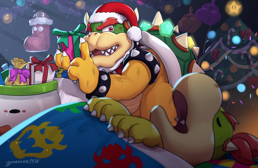 2boys balloon bowser bowser_jr. candy candy_cane christmas christmas_tree father_and_son finger_to_mouth food gift gonzarez hat koopa_clown_car mario_(series) multiple_boys santa_hat shushing sleeping super_bell