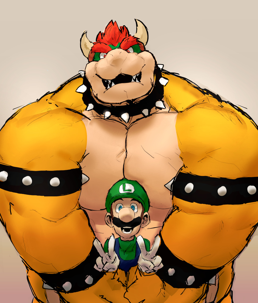 2020 absurd_res anthro armband barazoku bowser bracelet clothed clothing collar duo eyebrows facial_hair gesture gloves grey_background hair handwear hat headgear headwear hi_res horn hug human jewelry koopa looking_at_viewer luigi male male/male mammal mario_bros moobs musclegut muscular muscular_anthro muscular_male mustache nintendo open_mouth open_smile overalls overweight overweight_anthro overweight_male pale_skin red_hair scalie simple_background size_difference smile spiked_armband spiked_bracelet spiked_collar spikes thick_eyebrows tora_gy v_sign video_games yellow_body