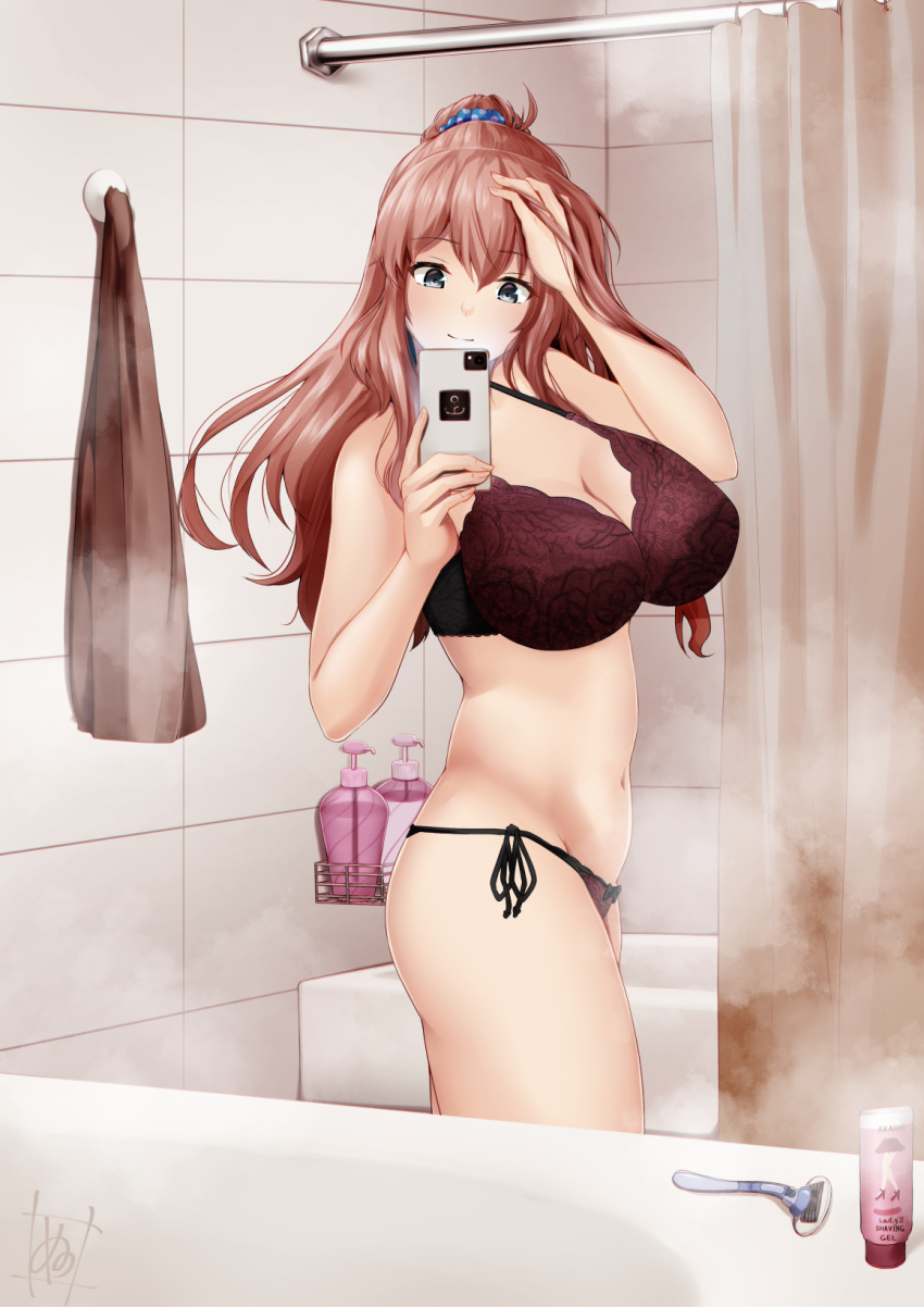 1girl bangs bathroom bra breasts brown_hair cellphone cleavage closed_mouth eyebrows_visible_through_hair hair_ornament hair_scrunchie highres holding holding_phone huge_breasts indoors kantai_collection long_hair nori_senbei_(norisenbei_1) panties phone ponytail razor saratoga_(kantai_collection) scrunchie self_shot shower_curtain side-tie_panties smartphone solo steam towel underwear