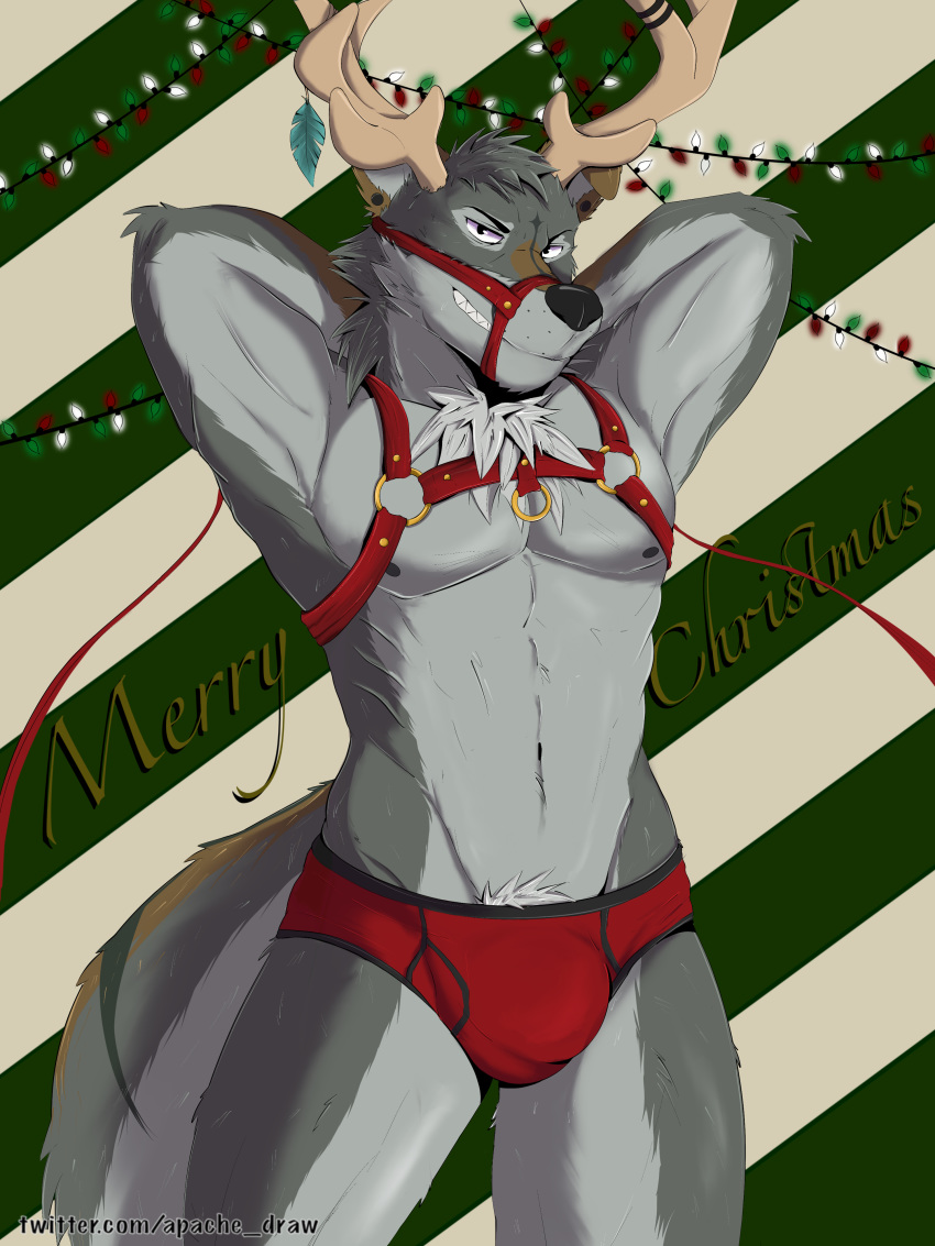 absurd_res anthro apache_(artist) briefs bulge canid canine canis cervid cervine christmas christmas_clothing clothed clothing elk fur hand_on_head harness hi_res holidays humanoid male mammal muscular muscular_male pinup pose simple_background solo underwear wolf
