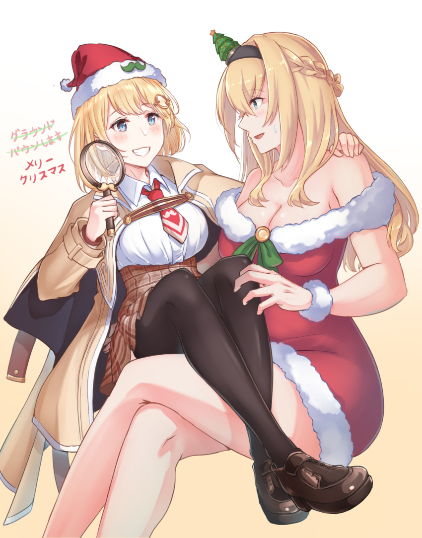 2girls alternate_costume black_legwear blonde_hair blue_eyes blush braid breasts christmas_tree cleavage country_connection crossover edwin_(cyberdark_impacts) facial_hair french_braid hair_between_eyes hand_on_another's_shoulder hat highres hololive hololive_english kantai_collection large_breasts long_sleeves magnifying_glass monocle multiple_girls mustache necktie no_legwear pantyhose red_neckwear santa_costume santa_hat short_hair sitting sitting_on_person smile sweatdrop warspite_(kantai_collection) watson_amelia wrist_cuffs