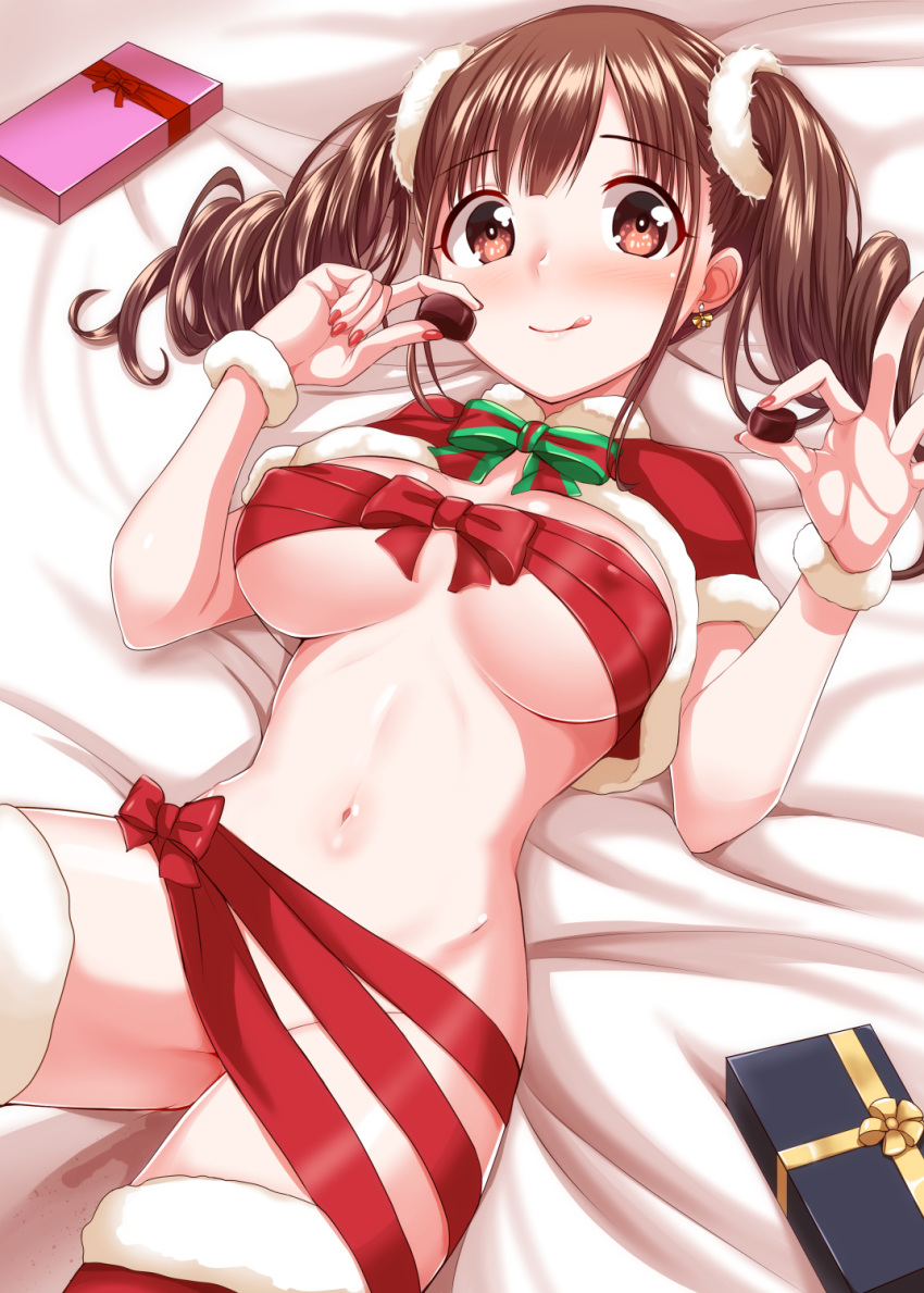1girl bangs blush bow breasts brown_eyes brown_hair capelet chocolate closed_mouth commentary_request covered_nipples dan_(orange_train) earrings eyebrows_visible_through_hair food fur-trimmed_capelet fur-trimmed_legwear fur_trim gift green_bow green_neckwear highres holding holding_food idolmaster idolmaster_shiny_colors jewelry large_breasts long_hair looking_at_viewer lying nail_polish navel nose_blush on_back red_bow red_capelet red_legwear red_nails red_ribbon ribbon smile solo sonoda_chiyoko stomach thighhighs twintails underboob