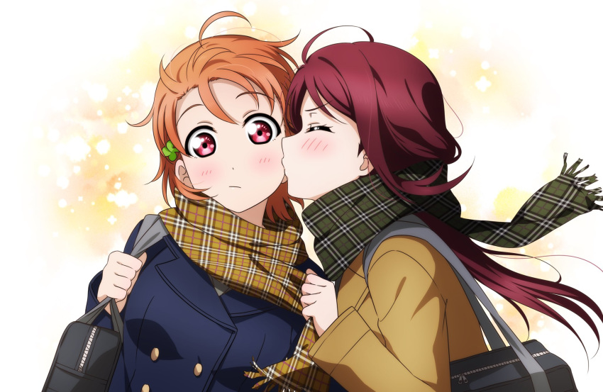 2girls ahoge bag blue_coat blush buttons cheek_kiss clothes_tug clover_hair_ornament coat commentary dot_nose gradient gradient_background green_scarf hair_ornament highres holding holding_bag kiss kougi_hiroshi long_hair love_live! love_live!_sunshine!! multiple_girls orange_hair plaid plaid_scarf red_eyes red_hair sakurauchi_riko scarf school_bag short_hair surprised takami_chika upper_body white_background yellow_background yellow_coat yellow_scarf yuri