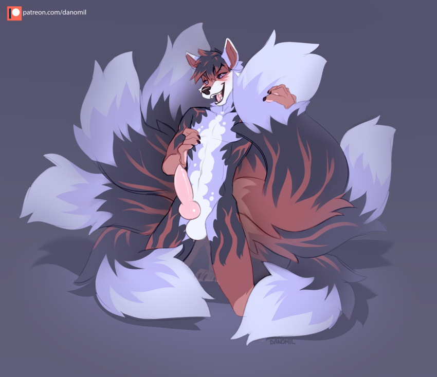 anthro balls canid canine danomil erection fluffy fluffy_tail fox genitals hi_res knot male mammal mercury mercury_(mercuryf0x) multi_tail penis pinup pose solo tail_grab tail_hug text tongue tongue_out url