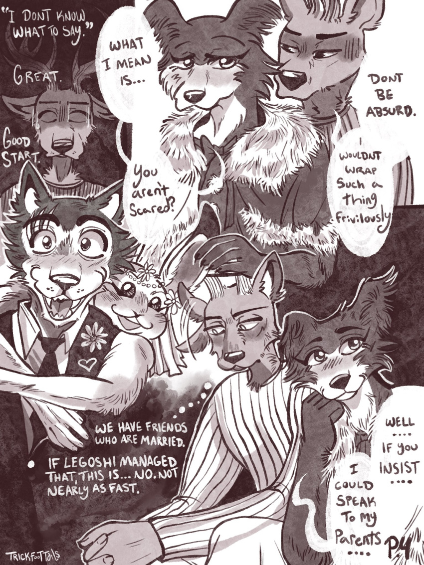 2020 3:4 anthro arms_around_torso beastars black_nose canid canine canis cervid cervine christmas christmas_clothing clothed clothing comic countershade_face countershading dialogue domestic_rabbit dress duo dwarf_rabbit english_text eye_scar eyes_closed facial_scar female fur fur_trim_(clothing) greyscale hand_under_chin hands_together haru_(beastars) hi_res holidays juno_(beastars) lagomorph legoshi_(beastars) leporid looking_at_another looking_away looking_down louis_(beastars) male male/female mammal married_couple monochrome necktie open_mouth open_smile oryctolagus rabbit red_deer santa_dress scar sigh sitting smile speech_bubble suit sweater teeth text topwear trickfoottails wedding_veil wolf